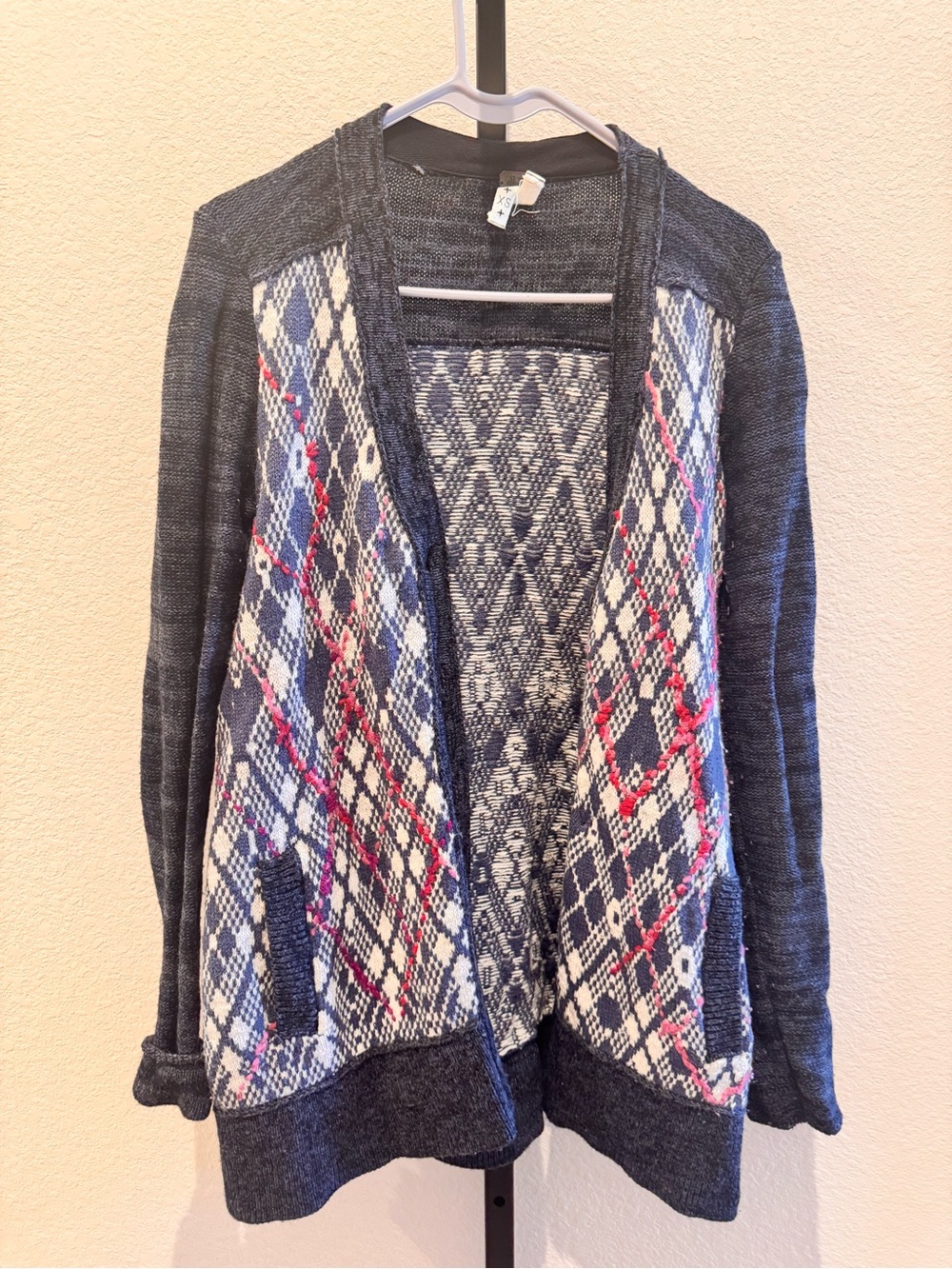 We The Free Gray Argyle Open-Front Cardigan with Pink Accents